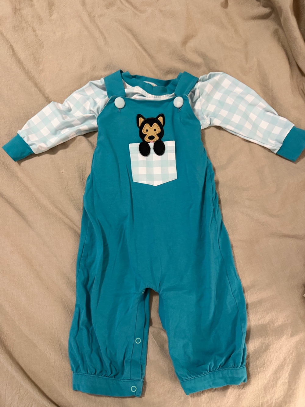 Teal Baby Boy Romper with Smocked Puppy Pocket - Teal